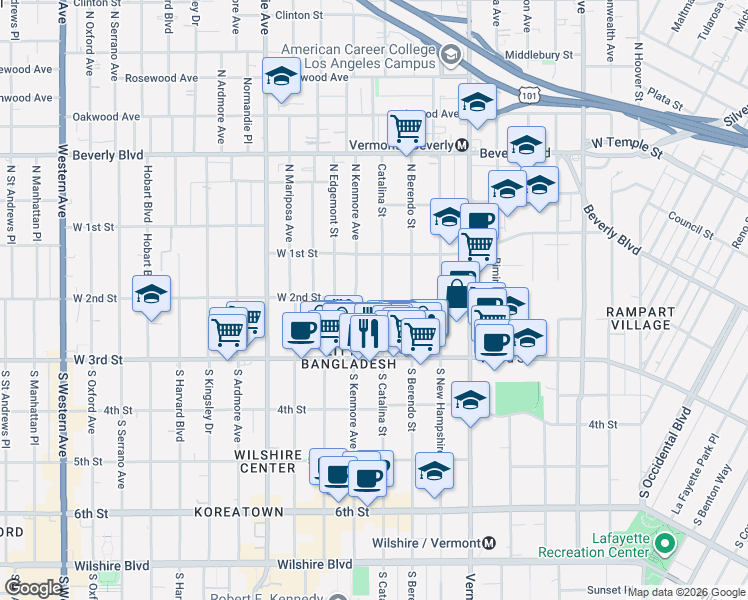 map of restaurants, bars, coffee shops, grocery stores, and more near 157 South Catalina Street in Los Angeles