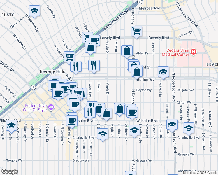 map of restaurants, bars, coffee shops, grocery stores, and more near 302 North Maple Drive in Beverly Hills