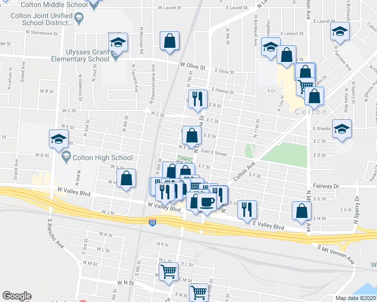 map of restaurants, bars, coffee shops, grocery stores, and more near 136 West E Street in Colton