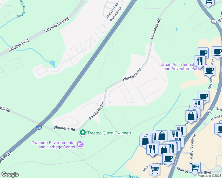 map of restaurants, bars, coffee shops, grocery stores, and more near 2779 Woodward Down Trail in Buford