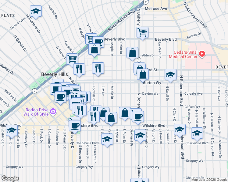 map of restaurants, bars, coffee shops, grocery stores, and more near 302 North Maple Drive in Beverly Hills
