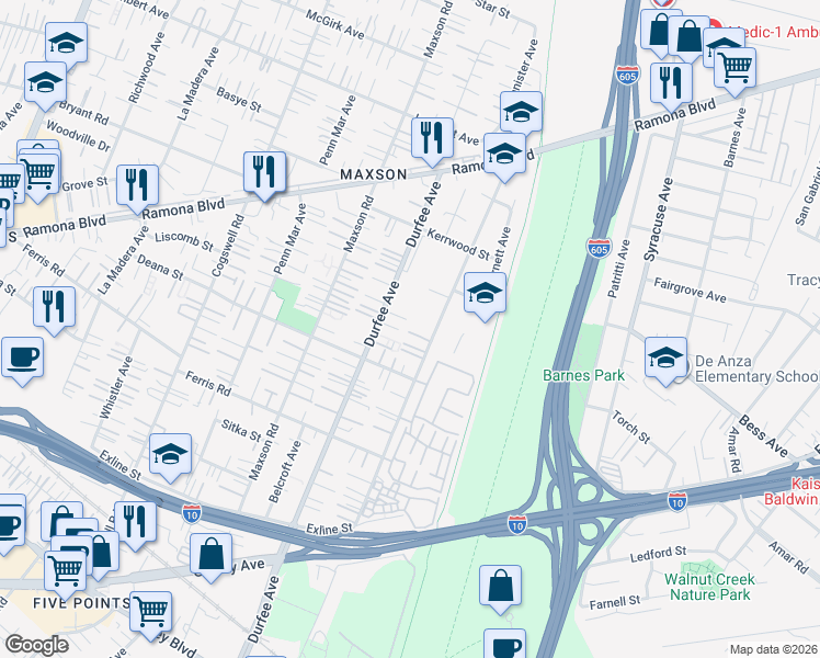map of restaurants, bars, coffee shops, grocery stores, and more near 3855 Gilman Road in El Monte
