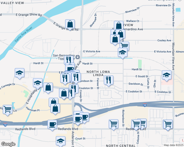 map of restaurants, bars, coffee shops, grocery stores, and more near 1275 Gould Street in San Bernardino