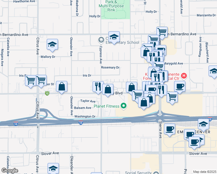 map of restaurants, bars, coffee shops, grocery stores, and more near 10085 Cypress Avenue in Fontana