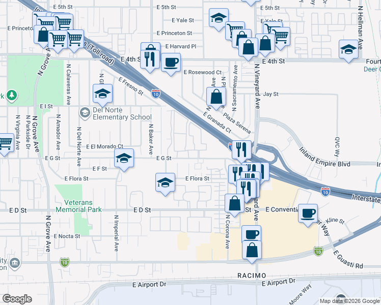 map of restaurants, bars, coffee shops, grocery stores, and more near 1737 East G Street in Ontario
