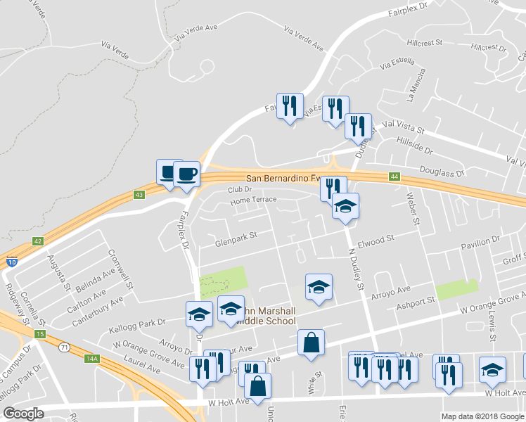 map of restaurants, bars, coffee shops, grocery stores, and more near 1708 Terrace Lane in Pomona