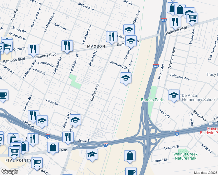 map of restaurants, bars, coffee shops, grocery stores, and more near 3855 Gilman Road in El Monte