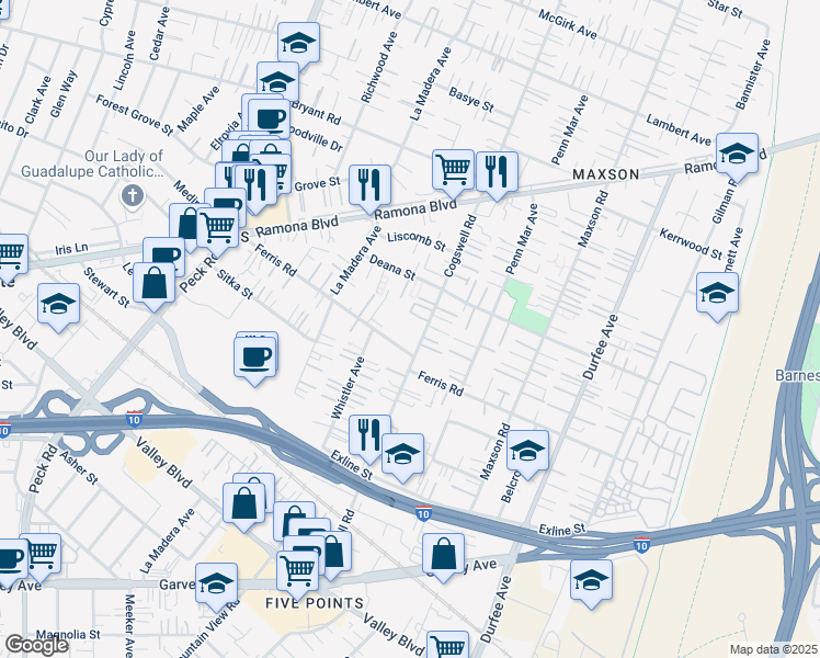 map of restaurants, bars, coffee shops, grocery stores, and more near 3635 Cogswell Road in El Monte