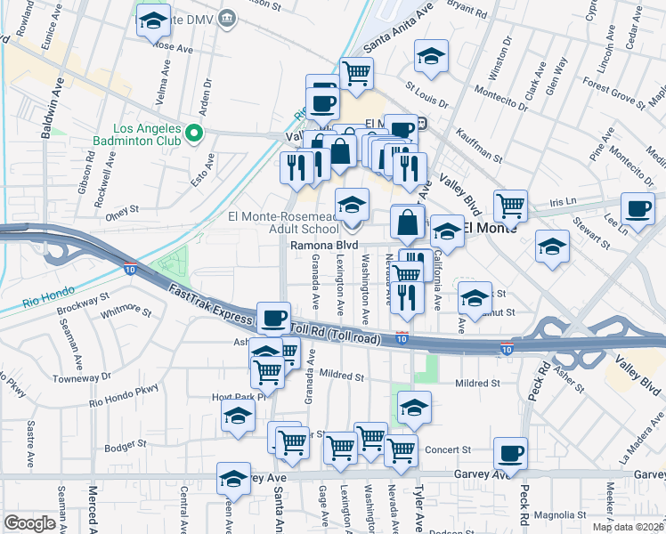 map of restaurants, bars, coffee shops, grocery stores, and more near 3425 Lexington Avenue in El Monte