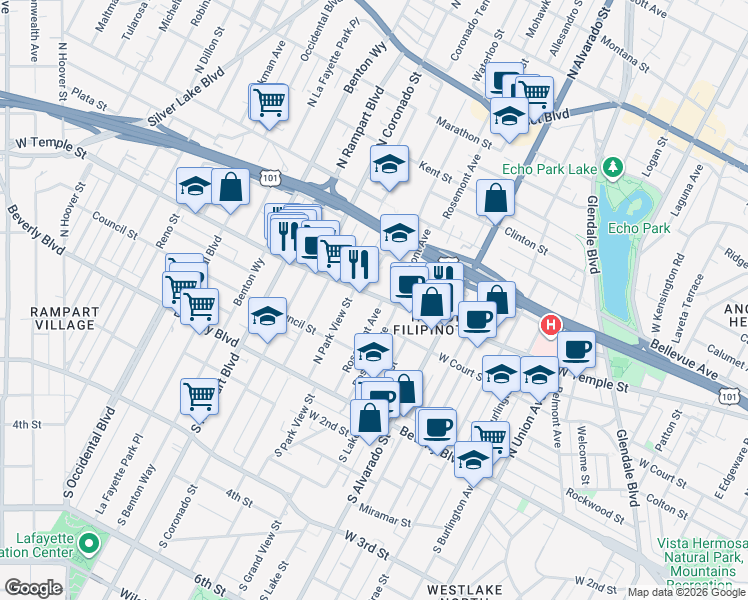 map of restaurants, bars, coffee shops, grocery stores, and more near 2240E West Temple Street in Los Angeles