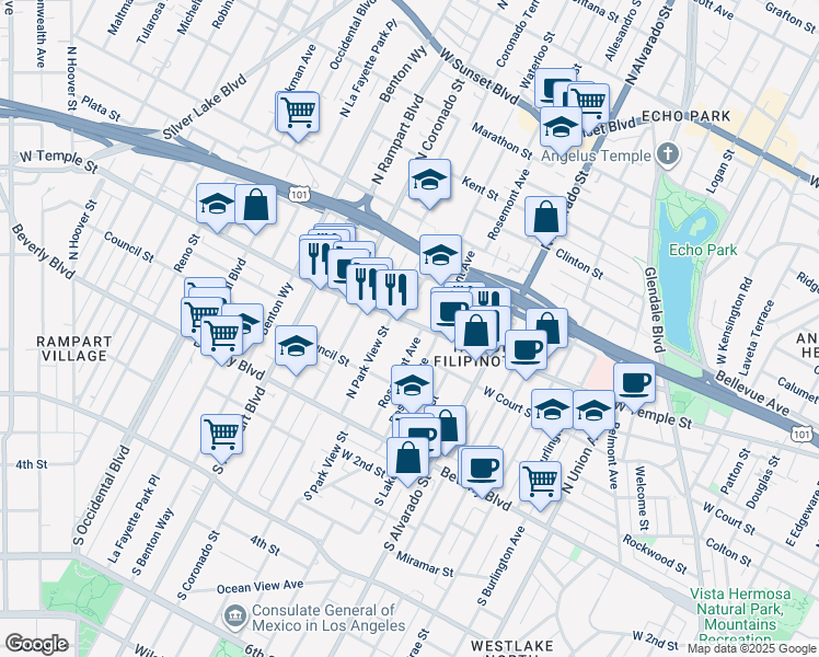 map of restaurants, bars, coffee shops, grocery stores, and more near 2240E West Temple Street in Los Angeles