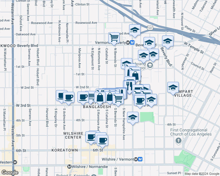 map of restaurants, bars, coffee shops, grocery stores, and more near 167 South Berendo Street in Los Angeles