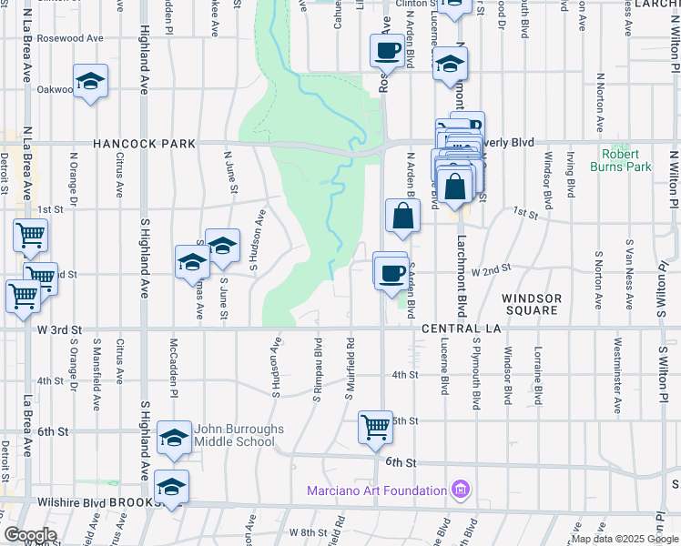 map of restaurants, bars, coffee shops, grocery stores, and more near 211 South Muirfield Road in Los Angeles