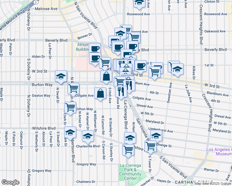 map of restaurants, bars, coffee shops, grocery stores, and more near 8511 Colgate Avenue in Los Angeles