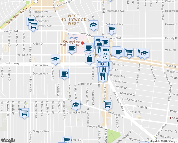 map of restaurants, bars, coffee shops, grocery stores, and more near 427 South Holt Avenue in Los Angeles