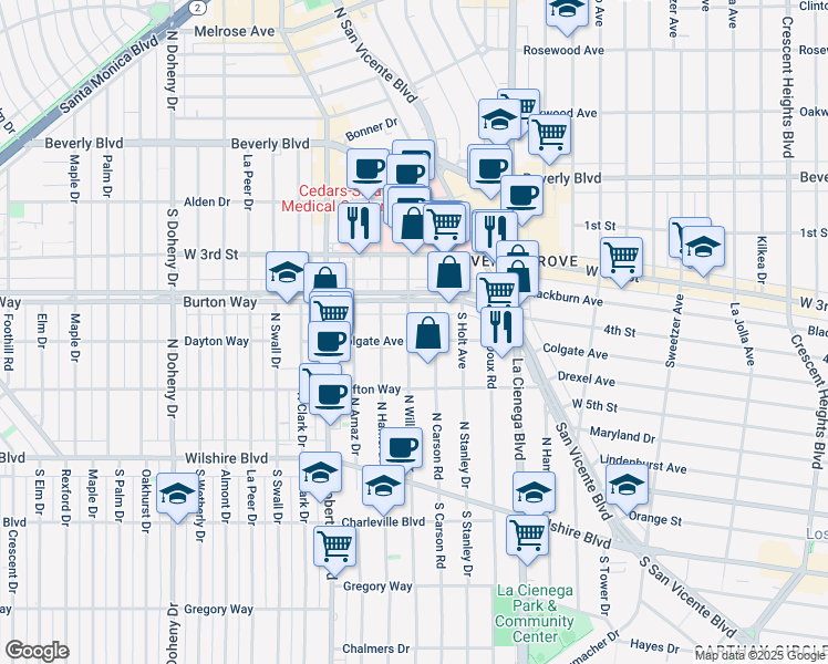 map of restaurants, bars, coffee shops, grocery stores, and more near 8603 Colgate Avenue in Los Angeles