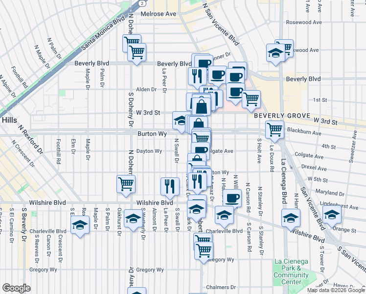 map of restaurants, bars, coffee shops, grocery stores, and more near in Beverly Hills