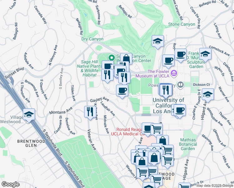 map of restaurants, bars, coffee shops, grocery stores, and more near 345 De Neve Drive in Los Angeles