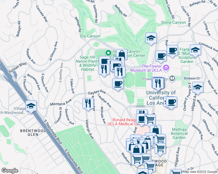 map of restaurants, bars, coffee shops, grocery stores, and more near 345 De Neve Drive in Los Angeles
