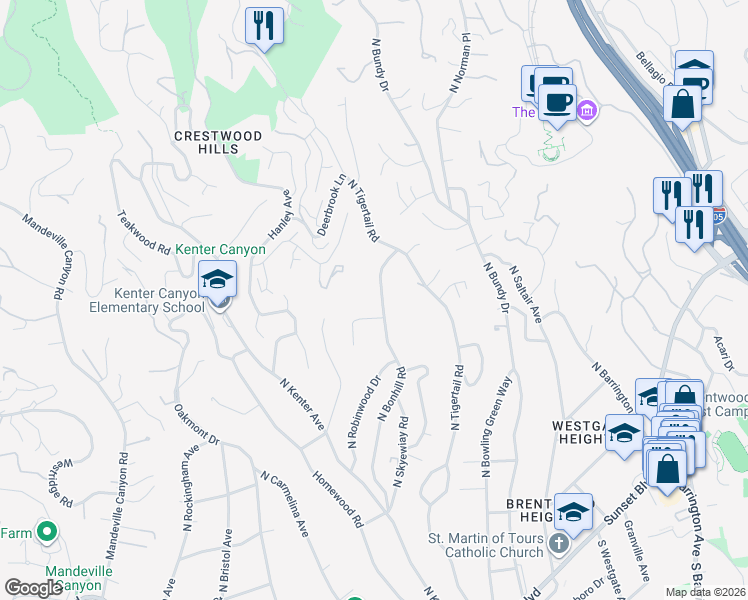 map of restaurants, bars, coffee shops, grocery stores, and more near 720 North Bonhill Road in Los Angeles