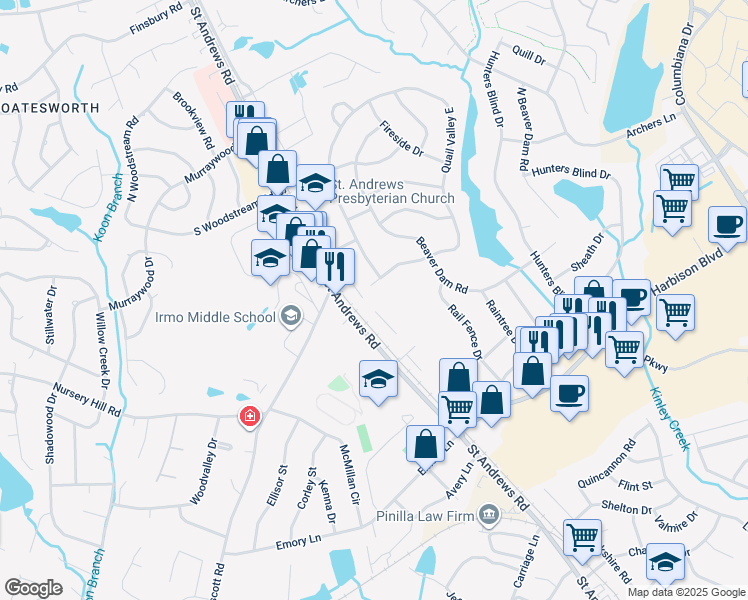 map of restaurants, bars, coffee shops, grocery stores, and more near 131 Country Town Drive in Columbia