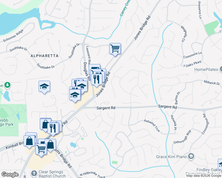 map of restaurants, bars, coffee shops, grocery stores, and more near 12250 Broadleaf Lane in Alpharetta