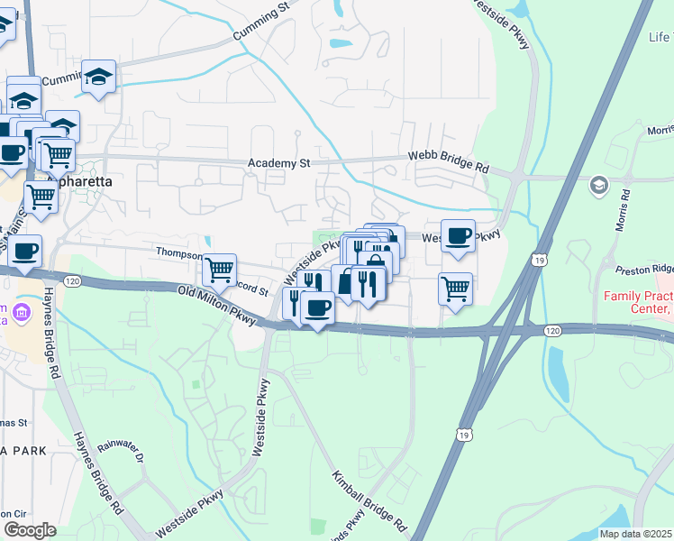 map of restaurants, bars, coffee shops, grocery stores, and more near 211 North Esplanade in Alpharetta