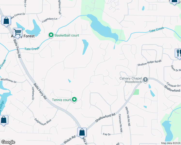 map of restaurants, bars, coffee shops, grocery stores, and more near 4803 Thornwood Drive Northwest in Acworth
