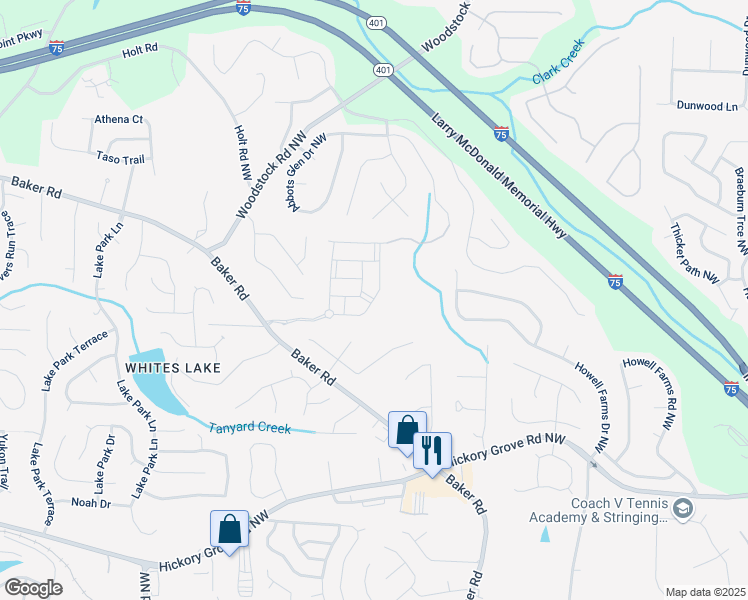map of restaurants, bars, coffee shops, grocery stores, and more near 2411 Bayberry Street in Acworth