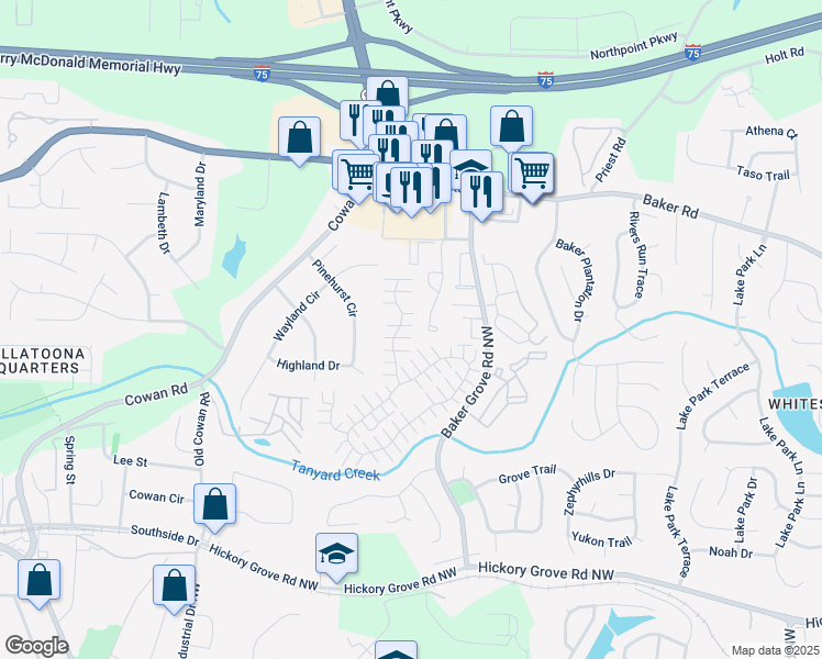map of restaurants, bars, coffee shops, grocery stores, and more near 235 Windcroft Lane Northwest in Acworth