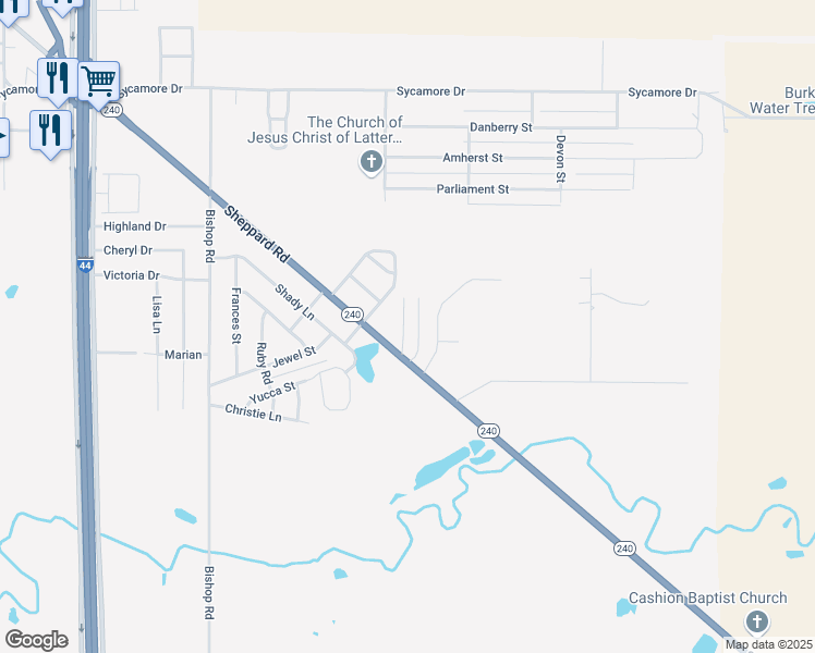 map of restaurants, bars, coffee shops, grocery stores, and more near 1505 Sheppard Road in Burkburnett