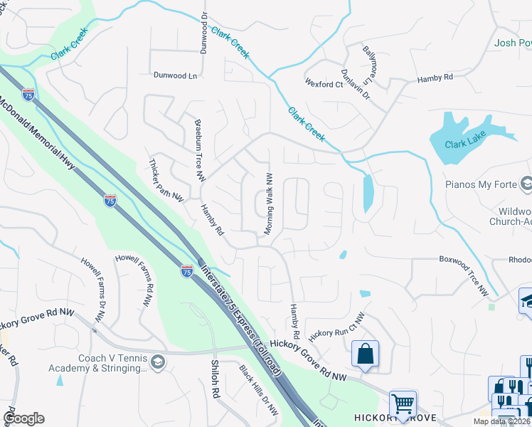 map of restaurants, bars, coffee shops, grocery stores, and more near 1985 Morning Walk Northwest in Acworth