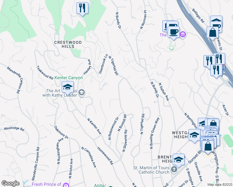 map of restaurants, bars, coffee shops, grocery stores, and more near 721 North Bonhill Road in Los Angeles