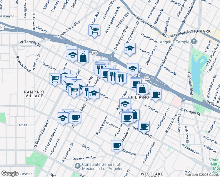 map of restaurants, bars, coffee shops, grocery stores, and more near 234 1/2 North Carondelet Street in Los Angeles