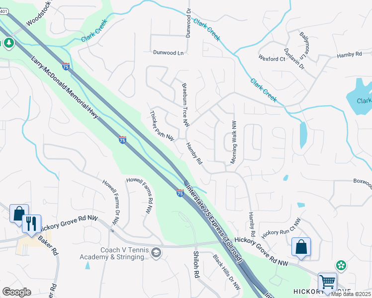 map of restaurants, bars, coffee shops, grocery stores, and more near 4812 Thicket Path Northwest in Acworth