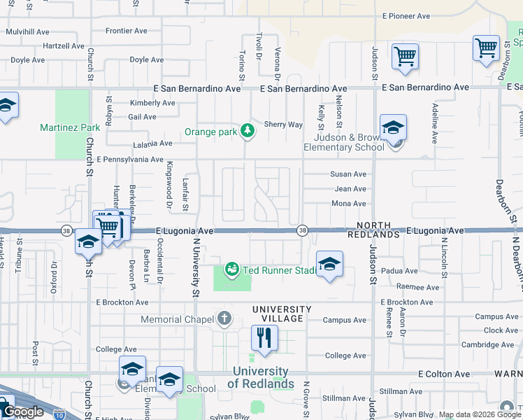 map of restaurants, bars, coffee shops, grocery stores, and more near 1251 East Lugonia Avenue in Redlands