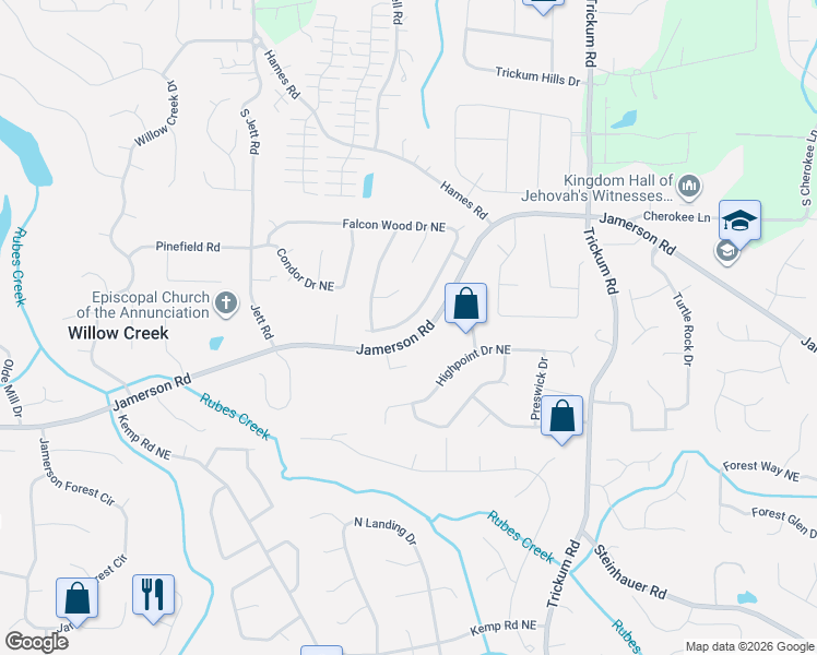map of restaurants, bars, coffee shops, grocery stores, and more near 1921 Falconwood Drive in Marietta