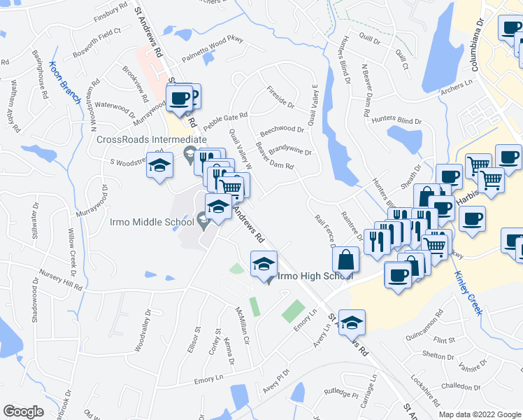 map of restaurants, bars, coffee shops, grocery stores, and more near 131 Country Town Drive in Columbia