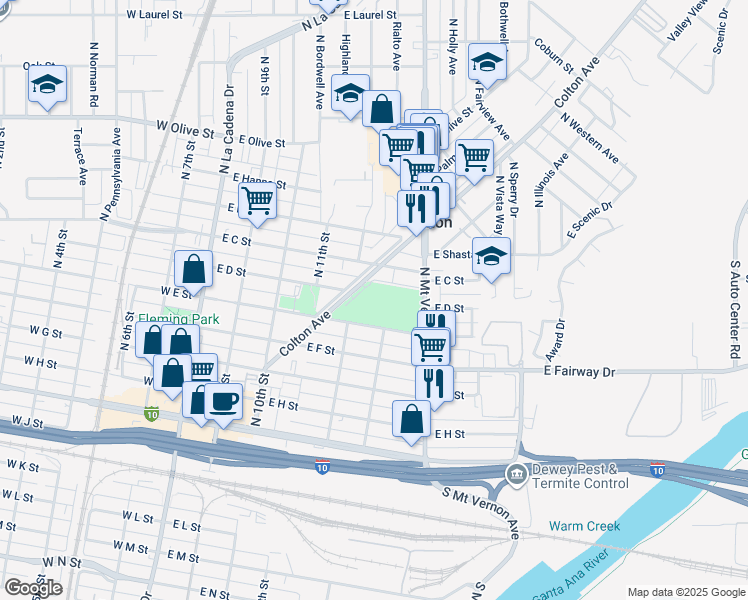 map of restaurants, bars, coffee shops, grocery stores, and more near 670 Colton Avenue in Colton