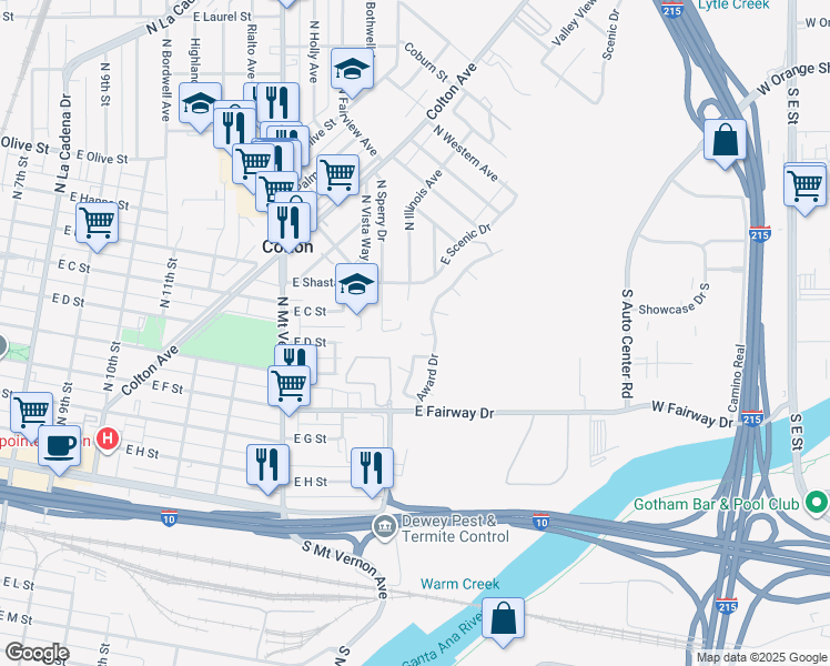 map of restaurants, bars, coffee shops, grocery stores, and more near 1039 Bernard Gray Court in Colton