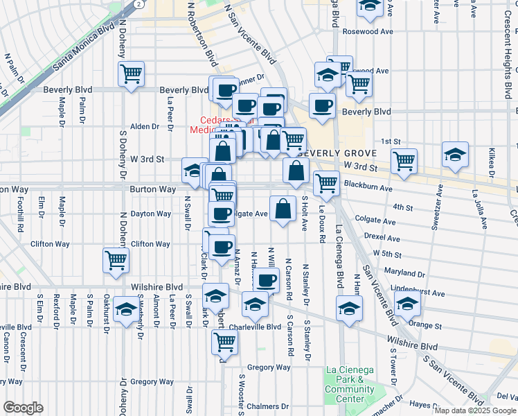 map of restaurants, bars, coffee shops, grocery stores, and more near 432 South Hamel Road in Los Angeles