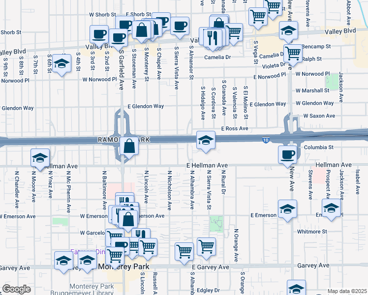 map of restaurants, bars, coffee shops, grocery stores, and more near 408 East Ramona Road in Alhambra