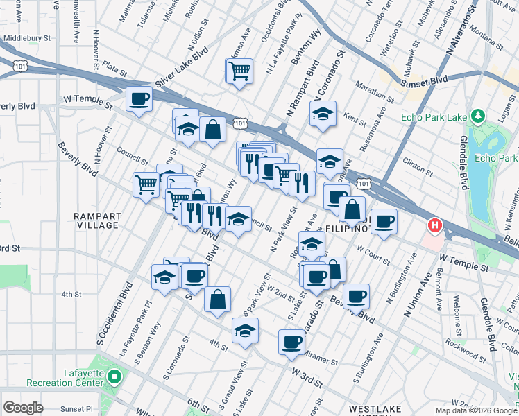 map of restaurants, bars, coffee shops, grocery stores, and more near 207 North Coronado Street in Los Angeles