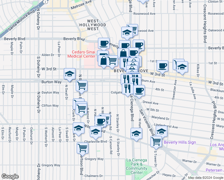 map of restaurants, bars, coffee shops, grocery stores, and more near 432 South Sherbourne Drive in Los Angeles