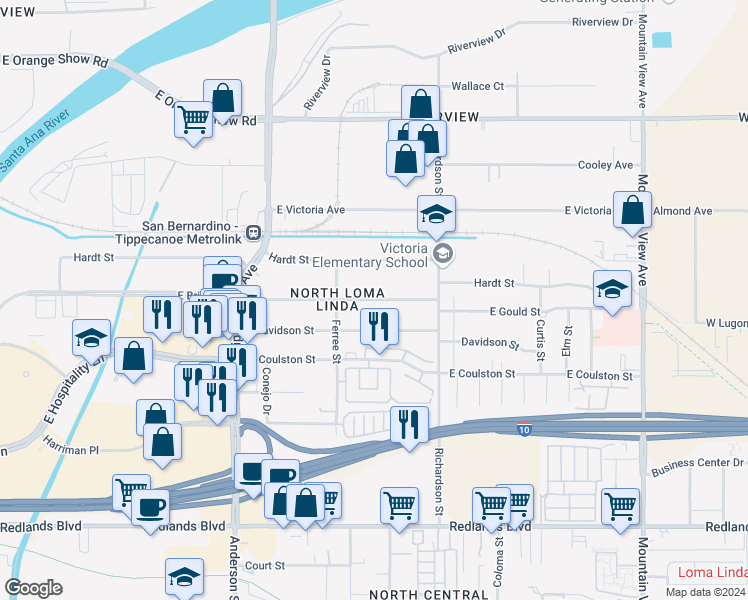 map of restaurants, bars, coffee shops, grocery stores, and more near 1461 Gould Street in San Bernardino