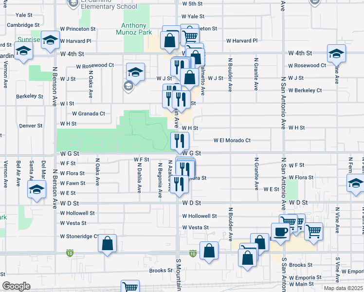 map of restaurants, bars, coffee shops, grocery stores, and more near 1040 West G Street in Ontario