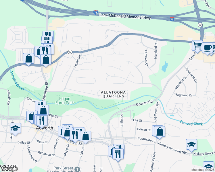 map of restaurants, bars, coffee shops, grocery stores, and more near 3629 Spring Meadow Court in Acworth