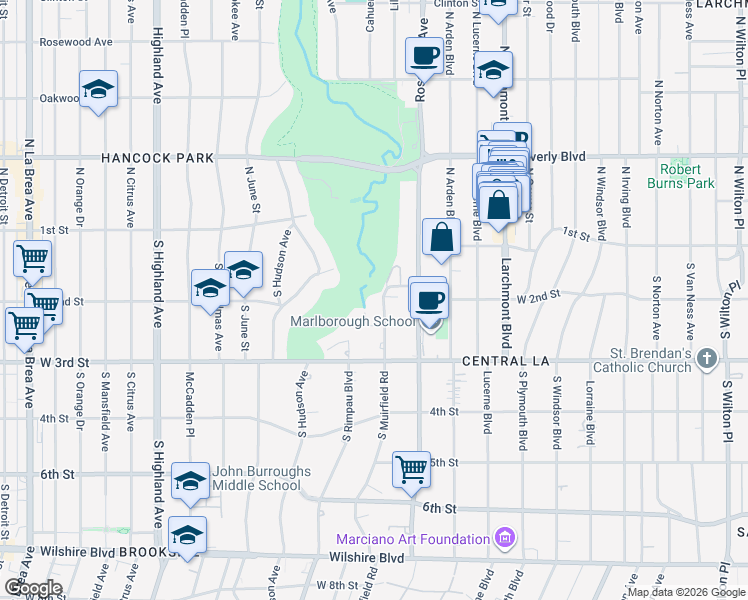 map of restaurants, bars, coffee shops, grocery stores, and more near 211 South Muirfield Road in Los Angeles