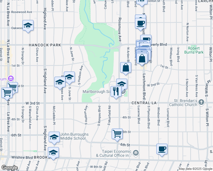 map of restaurants, bars, coffee shops, grocery stores, and more near 211 South Muirfield Road in Los Angeles