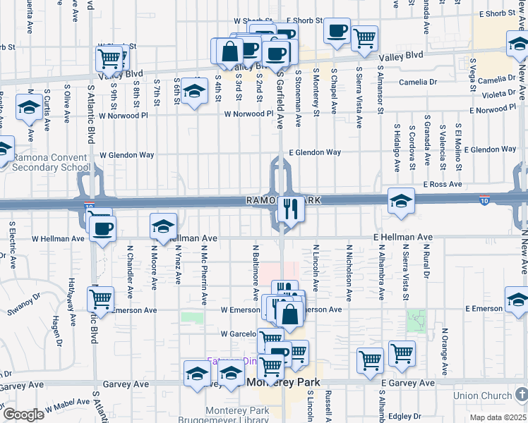 map of restaurants, bars, coffee shops, grocery stores, and more near 28 West Ramona Road in Alhambra